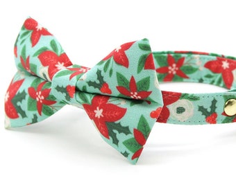 Bow Tie Cat Collar Set - "Winter Blooms - Mint" - Holiday Floral Cat Collar w/ Matching Bowtie / Poinsettia / Cat, Kitten, Small Dog