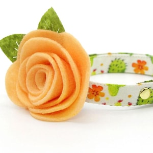Cat Collar + Flower Set - &quot;Desert Dreams&quot; - Green Cactus Cat Collar w/ Peach Felt Flower / Southwestern, Saguaro / Cat + Small Dog Sizes