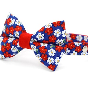 4th of July Bow Tie Cat Collar Set - &quot;Red White & Bloom&quot; - Blue Red Floral Cat Collar w/ Matching Bowtie / Patriotic, Summer Cat, Small Dog