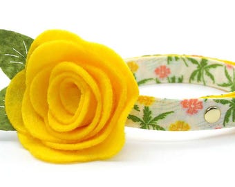 Cat Collar + Flower Set - "Palm Paradise" - Tropical Cat Collar w/ Yellow Felt Flower / Summer, Beach, Hawaiian / Cat + Small Dog Sizes