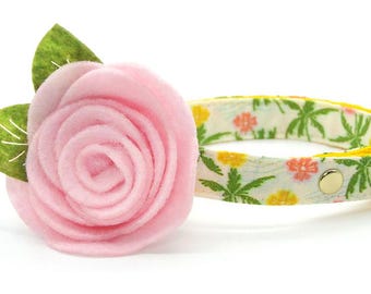 Cat Collar + Flower Set - "Palm Paradise" - Tropical Cat Collar w/ Baby Pink Felt Flower / Summer, Beach, Hawaiian / Cat + Small Dog Sizes