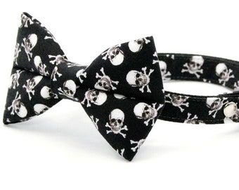 Bow Tie Cat Collar Set - "Misfit" - Black Skull Cat Collar w/ Matching Bowtie / Halloween, Goth, Punk, Emo, Biker / Cat, Kitten, Small Dog