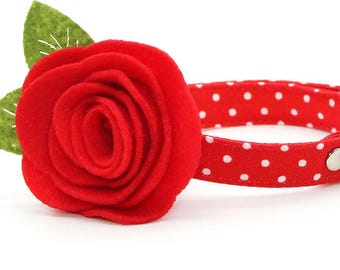 Red Polka Dot Cat Collar + Flower Set - "Polka Dot - Red" - Cat Collar w/ Scarlet Felt Flower / Wedding, Birthday / Cat, Kitten, Small Dog