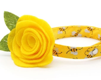 Cat Collar + Flower Set - "Show Me The Honey" - Yellow Bee Cat Collar w/ Yellow Felt Flower / Spring, Summer, Honeybee, / Cat + Small Dog