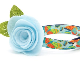 Cat Collar + Flower Set - "Bugs & Butterflies" - Blue Butterfly Cat Collar w/ Sky Blue Felt Flower / Spring, Summer / Cat + Small Dog Sizes