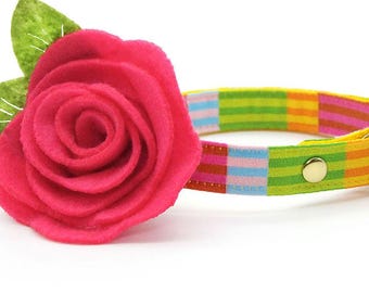 Cat Collar + Flower Set - "Technicolor Dream" - Rainbow Stripe Cat Collar w/ Fuchsia Felt Flower / Fun Modern, Summer / Cat + Small Dog Size