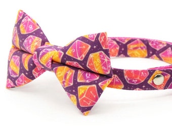 DnD Bow Tie Cat Collar Set - "Magic Dice - Magenta" - D20 Cat Collar w/ Matching Bowtie / Fantasy RPG Gamer Gift / Cat,Kitten,Small Dog Size
