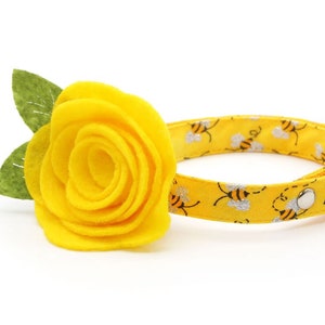 Cat Collar + Flower Set - &quot;Show Me The Honey&quot; - Yellow Bee Cat Collar w/ Yellow Felt Flower / Spring, Summer, Honeybee, / Cat + Small Dog