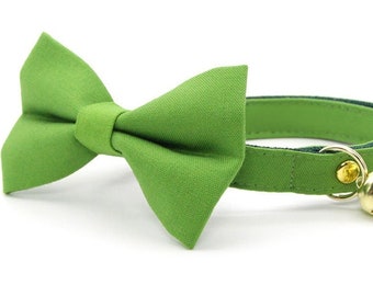 Bow Tie Cat Collar Set - "Color Collection - Apple Green" - Solid Green Cat Collar w/ Matching Bowtie / Wedding / Cat, Kitten, Small Dog