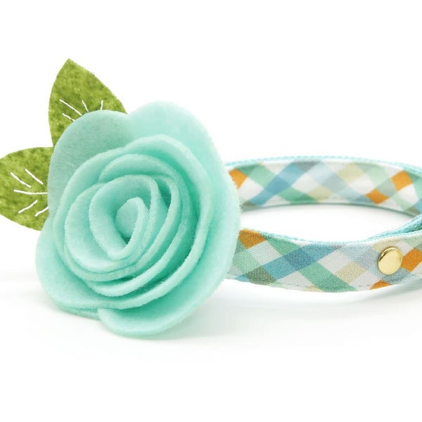 Cat Collar + Flower Set - "Seashore" - Ocean Blue Plaid Cat Collar w/ Mint Felt Flower / Cape Cod, Summer, Coastal / Cat + Small Dog Sizes