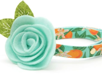 Cat Collar + Flower Set - "Clementine Blossom" - Green & Orange Citrus Cat Collar w/ Mint Felt Flower / Spring, Summer / Cat + Small Dog