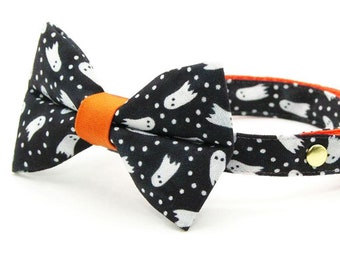 Ensemble de collier de chat avec noeud papillon - « Chasse aux fantômes » - Collier de chat fantôme noir d'Halloween avec noeud papillon assorti / Spooky Fun / Chat, chaton, petit chien