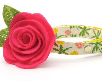 Cat Collar + Flower Set - "Palm Paradise" - Tropical Cat Collar w/ Fuchsia Felt Flower / Summer, Beach, Hawaiian / Cat + Small Dog Sizes
