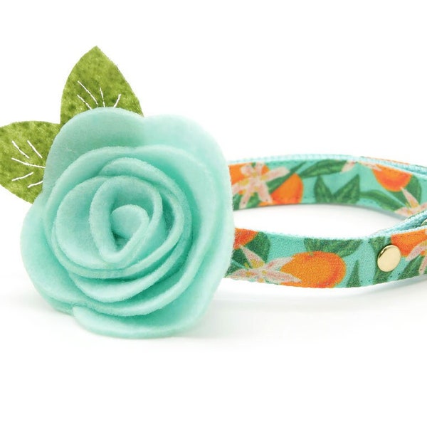 Cat Collar + Flower Set - "Clementine Blossom" - Green & Orange Citrus Cat Collar w/ Mint Felt Flower / Spring, Summer / Cat + Small Dog