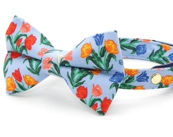 Bow Tie Cat Collar Set - "Tulip Fields - Periwinkle" - Rifle Paper Co® Fabric Floral Cat Collar w/ Matching Bowtie / Spring / Cat+Small Dog