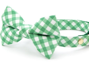 Bow Tie Cat Collar Set - "Derby" - Gingham Plaid Green Cat Collar w/ Matching Bowtie / Spring, St. Patrick's Day, Easter / Cat + Small Dog