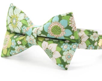 Green Bow Tie Cat Collar Set - "Sage Garden" - Retro Floral Cat Collar w/ Matching Bowtie / Groovy, 60s, Botanical / Cat, Kitten, Small Dog