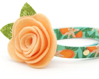 Cat Collar + Flower Set - "Clementine Blossom" - Green & Orange Citrus Cat Collar w/ Peach Felt Flower / Spring, Summer / Cat + Small Dog