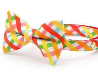 Bow Tie Cat Collar Set - "Maypole" - Rainbow Plaid Cat Collar w/ Matching Bowtie / Red, Spring, Summer, Cinco, Fiesta / Cat + Small Dog