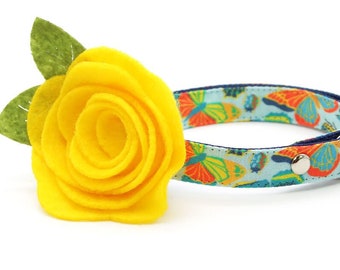 Cat Collar + Flower Set - "Bugs & Butterflies" - Sky Blue Butterfly Cat Collar w/ Yellow Felt Flower / Spring,Summer / Cat + Small Dog Sizes