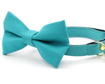 Bow Tie Cat Collar Set - "Color Collection - Teal" - Solid Teal Cat Collar w/ Matching Bowtie / Wedding / Cat, Kitten, Small Dog