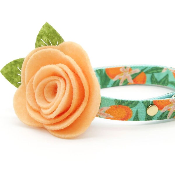 Cat Collar + Flower Set - "Clementine Blossom" - Green & Orange Citrus Cat Collar w/ Peach Felt Flower / Spring, Summer / Cat + Small Dog