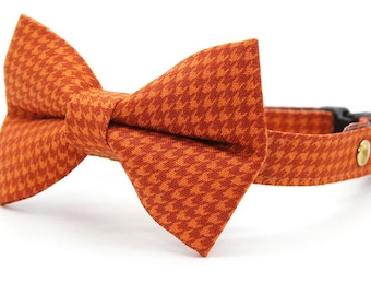 Bow Tie Cat Collar Set - "Pumpkin Spice" - Orange Houndstooth Cat Collar w/ Matching Bowtie / Fall, Thanksgiving / Cat, Kitten, Small Dog