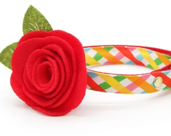 Cat Collar + Flower Set - "Maypole" - Rainbow Plaid Cat Collar w/ Scarlet Red Felt Flower / Spring, Summer, Birthday / Cat + Small Dog Sizes