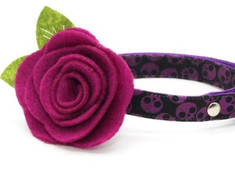 Skull Cat Collar + Flower Set - "Lydia" - Purple Cat Collar w/ Plum Felt Flower / Halloween, Goth, Witchy, Emo / Cat + Small Dog Sizes