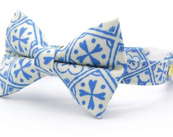 Conjunto de coleira e gravata borboleta para gatos - "Azulejos" - Coleira azul mediterrânea com gravata borboleta combinando / Verão, Espanhol, Grego / Gato, Gatinho, Cão de pequeno porte