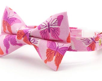 Conjunto de coleira e gravata borboleta para gatos - "Jardim de Borboletas" - Coleira rosa com gravata borboleta combinando / Borboletas, Fofo, Menina / Gato, Gatinho, Cãozinho