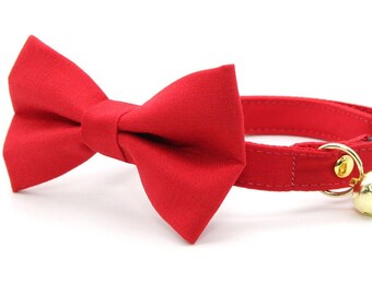 Bow Tie Cat Collar Set - "Color Collection - Red" - Solid Red Cat Collar w/ Matching Bowtie (Removable) / Wedding / Cat, Kitten, Small Dog