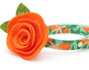 Cat Collar + Flower Set - "Clementine Blossom" - Green & Orange Citrus Cat Collar w/ Orange Felt Flower / Spring, Summer / Cat + Small Dog