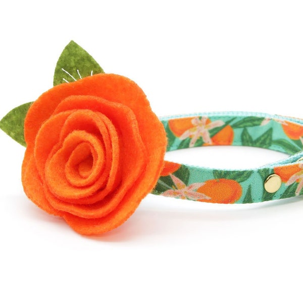 Cat Collar + Flower Set - "Clementine Blossom" - Green & Orange Citrus Cat Collar w/ Orange Felt Flower / Spring, Summer / Cat + Small Dog