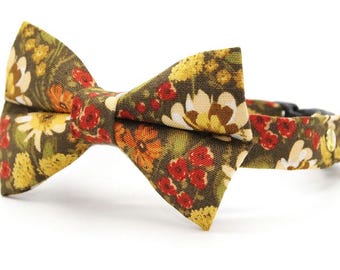 Bow Tie Cat Collar Set - "Autumn Fields" - Country Floral Cat Collar w/ Matching Bowtie / Fall, Wildflower, Farmhouse / Cat + Small Dog