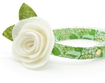 Cat Collar + Flower Set - "Hydrangea Hill" - Green Floral Cat Collar w/ Ivory Felt Flower / Spring, Summer, Plant Lover / Cat + Small Dog