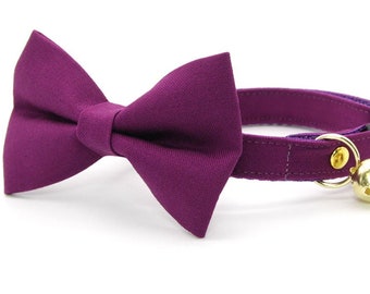 Bow Tie Cat Collar Set - "Color Collection - Plum Purple" - Solid Purple Cat Collar w/ Matching Bowtie / Wedding / Cat, Kitten, Small Dog