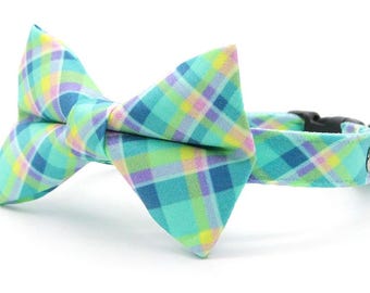 Bow Tie Cat Collar Set - "Breeze" - Aqua Plaid Cat Collar w/ Matching Bowtie / Spring, Summer, Mint, Turquoise / Cat, Kitten, Small Dog
