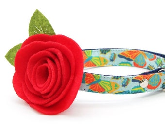 Cat Collar + Flower Set - "Bugs & Butterflies" - Blue Butterfly Cat Collar w/ Red Felt Flower / Spring, Summer / Cat + Small Dog Sizes