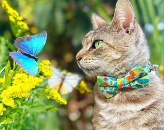 Bow Tie Cat Collar Set - "Bugs & Butterflies" - Sky Blue Insect + Butterfly Cat Collar w/ Matching Bow / Spring, Summer / Cat + Small Dog