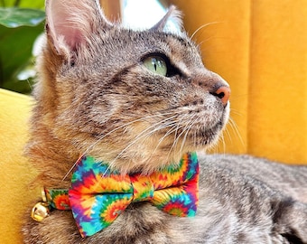 Bow Tie Cat Collar Set - "Woodstock" - Rainbow Tie Dye Cat Collar w/ Matching Bowtie / Summer, Boho, LGBTQ Pride, Birthday / Cat + Small Dog