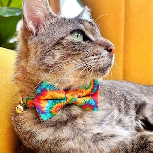 Bow Tie Cat Collar Set - &quot;Woodstock&quot; - Rainbow Tie Dye Cat Collar w/ Matching Bowtie / Summer, Boho, LGBTQ Pride, Birthday / Cat + Small Dog