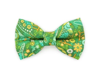 Cat Bow Tie - "Oasis" - Paisley Green Bow Tie for Cat Collar / Spring, Summer, 60s, 70s Retro Vibes / Cat, Kitten, Small Dog Bow (One Size)