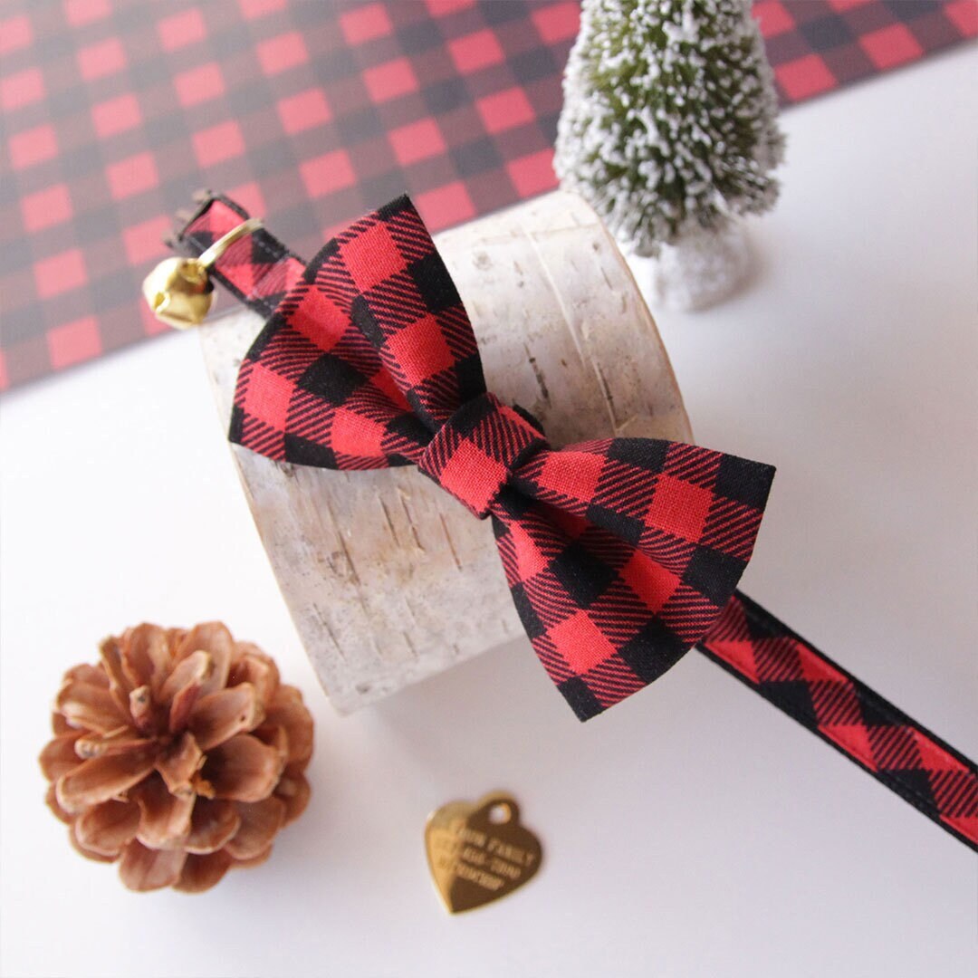 Plaid Bow Tie Cat Collar Set cozy Cabin Red Buffalo Plaid Cat Collar
