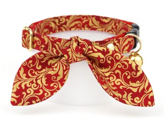 Regal Cat Collar and Bunny Ear Bow Set - "Royal Ruby" - Gold & Red Cat Collar + Tie Knot Scarf Bow Tie, Wedding, Holiday, Christmas