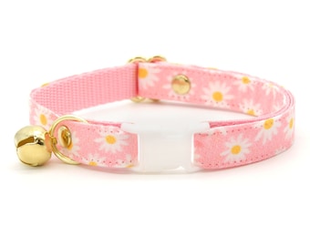 Cat Collar - &quot;Daisies - Pink&quot; - Floral Cat Collar / Daisy, Easter, Spring, Summer / Breakaway or Non-Breakaway / Cat, Kitten, Small Dog