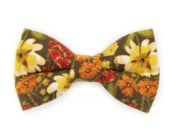 Wildflower Cat Bow Tie - "Autumn Fields" - Fall Floral Bow Tie for Cat Collar / Cottagecore, Olive Green / Cat, Kitten + Small Dog Bowtie