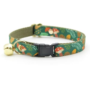 Cat Collar - &quot;Forest Fantasy&quot; - Green Cat Collar / Breakaway + Non-Breakaway / Gift for Cat Mom / Nature,Mushrooms,Toadstools / Cat + Kitten
