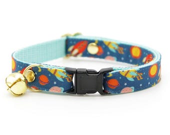 Space Cat Collar - "Retro Rockets" - Galaxy Cat Collar / Breakaway or Non-Breakaway / Astronomy, Sci-Fi, Planets / Cat, Kitten + Small Dog