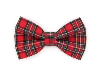 Christmas Plaid Cat Bow Tie - "Hearthside" - Holiday Plaid Red Bow Tie for Cat Collar / Gift / Kitten Bow Tie / Small Dog Bowtie - One Size